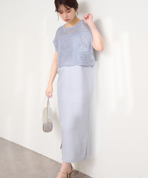 natural couture ワンピース パッチワーク透かし柄ニット＋キャミ