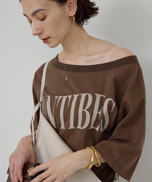 tシャツ オフショルロゴカットソー レディースの画像