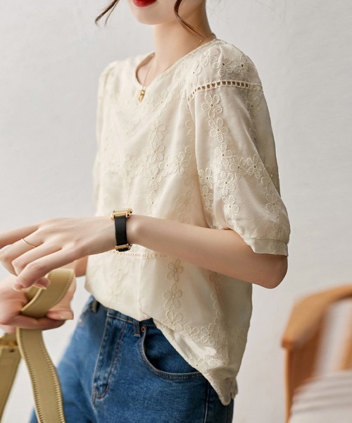 ブラウス シャツ スカラップ×刺繍レース半袖ブラウス レディース