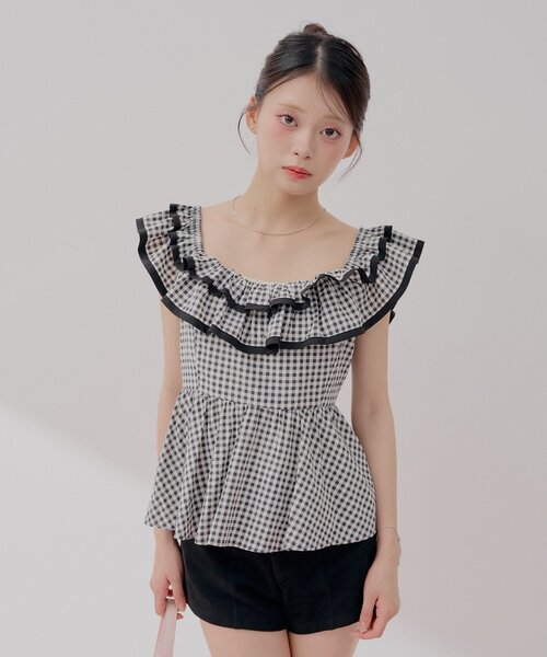 ポレブラ ギンガムチェック フリル 半袖ブラウス 刺繍 Chico（チコ） ブラウス シャツ 「2way」ギンガムチェックペプラム