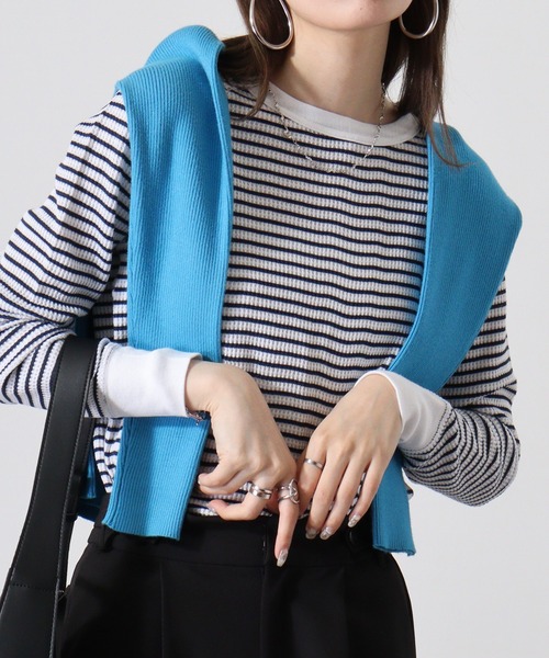 JEMORGAN tシャツ ワッフルボーダー柄ラグランクルーネック
