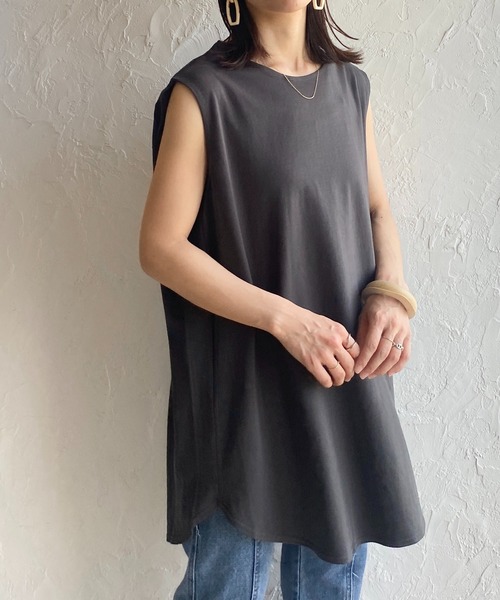 She's Closet tシャツ 肩タックノースリーブロング丈Tシャツチュニック