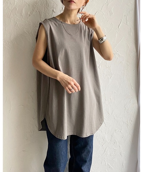 She's Closet tシャツ 肩タックノースリーブロング丈Tシャツチュニック