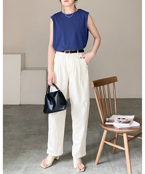tシャツ サイドギャザー肩タックノースリーブカットソー-手洗い可- レディース セール】肩タックノースリーブカットソー-手洗い可-（Tシャツ