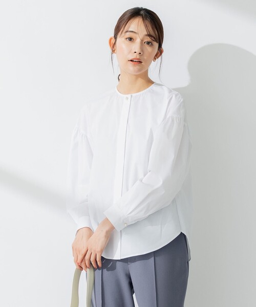 ブラウス シャツ 「洗える」C/Nyブロードノーカラー シャツ レディース