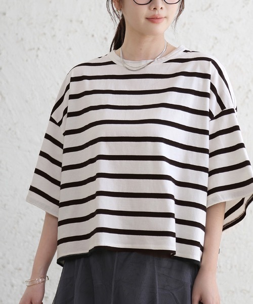 tシャツ ドロップショルダーボーダーTシャツ レディース
