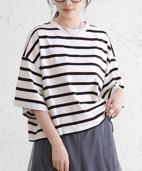 tシャツ ドロップショルダーボーダーTシャツ レディース