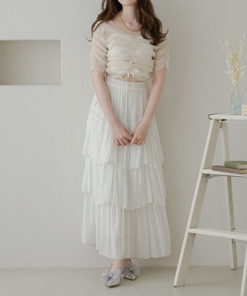 ブラウス シャツ shirring ribbon print tulle blouse レディース Ambre Neige ブラウス シャツ shirring sheer tops
