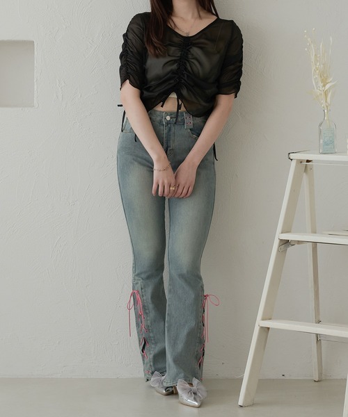 ブラウス シャツ shirring ribbon print tulle blouse レディース Ambre Neige ブラウス シャツ shirring sheer tops