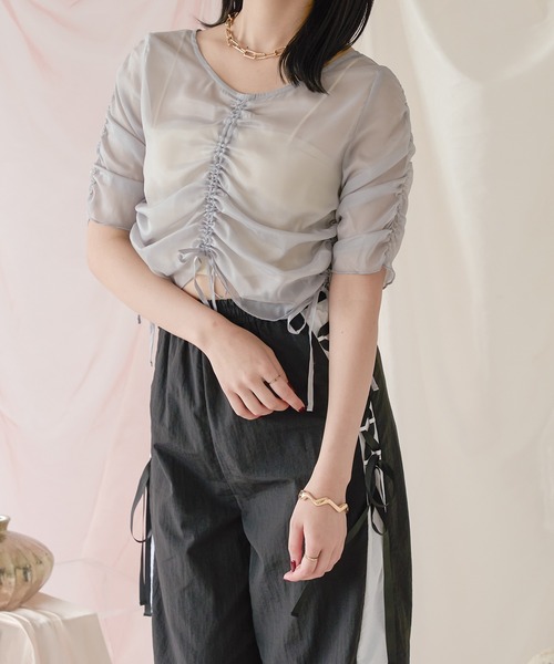 ブラウス シャツ shirring ribbon print tulle blouse レディース Ambre Neige ブラウス シャツ shirring sheer tops