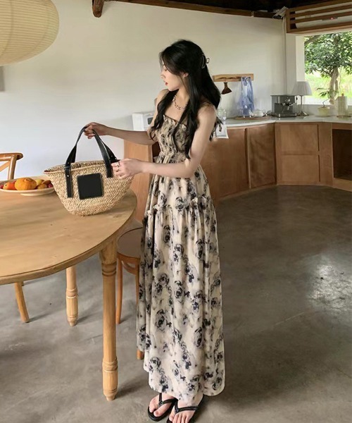 *CIDER* メッシュ 花柄 シャーリング キャミ マキシワンピース miniministore 花柄 キャミワンピース 胸元シャーリング