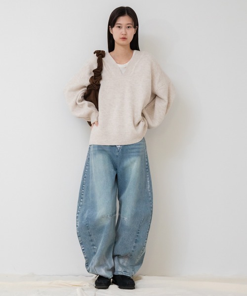 n*♪様 ✨FENDI Vネック ニット セーター クリーム色 サイズXL✨ HEILIS ニット セーター 深Vネックプルオーバーニット