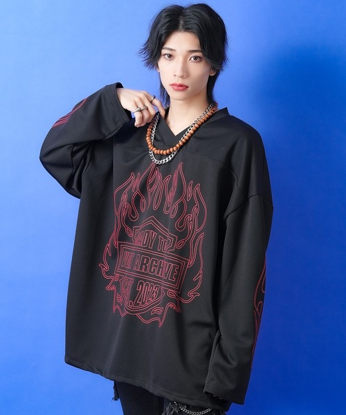 【Aelfric Eden】フレイム PU パッチワーク Tシャツ 国内発送 Aelfric Eden】炎刺繍PUパッチワークTシャツ(送料込み)