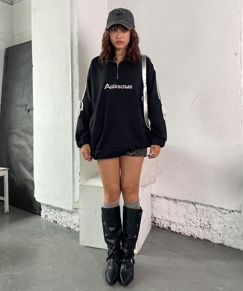 トレーナー スウェット サイドリボンハーフジップビックプルオーバー レディース メンズ Roger&Raw トレーナー スウェット サイドリボンハーフジップ