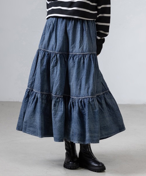 フリルティアードロングスカート デニム風生地　ボタン　青　共布ベルト付き DAY CLOSET スカート レディース デニム風ドラマティックロング
