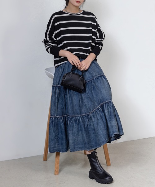 フリルティアードロングスカート デニム風生地　ボタン　青　共布ベルト付き DAY CLOSET スカート レディース デニム風ドラマティックロング