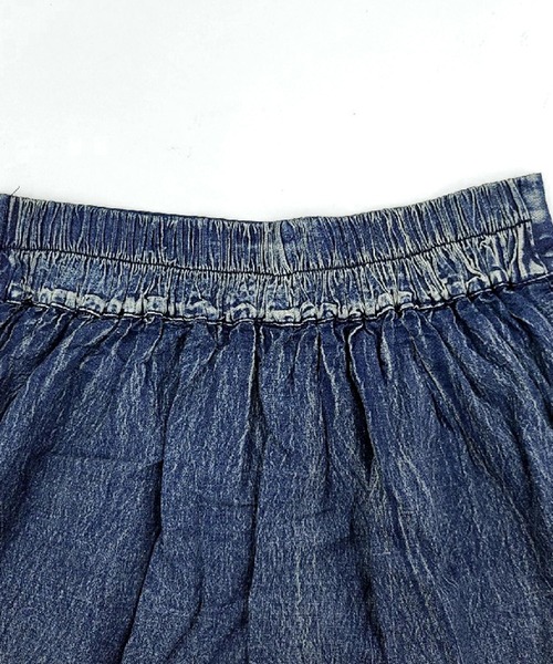 フリルティアードロングスカート デニム風生地　ボタン　青　共布ベルト付き DAY CLOSET スカート レディース デニム風ドラマティックロング
