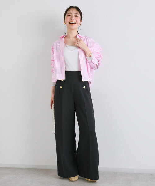 ブラウス シャツ アイレットカラー ストライプクロップドシャツ「Japan Exclusive」 レディース andme ブラウス シャツ カラーストライプクロップド丈長袖シャツ