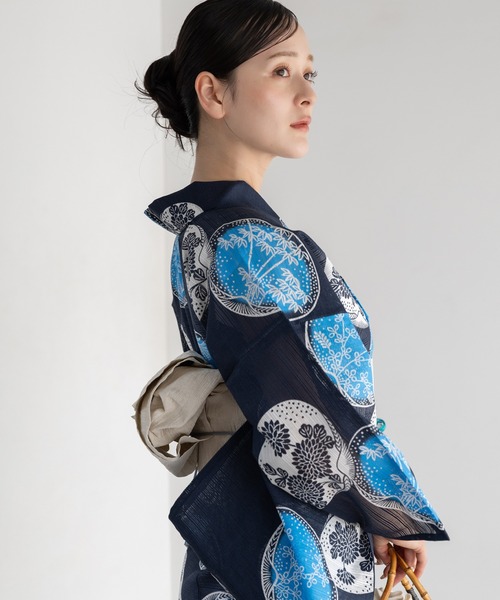 utatane 浴衣 浴衣3点セット 綿麻 紺色の麻の葉と鞠 レディース