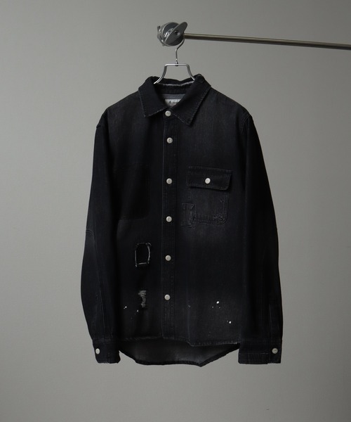 シャツ 10ozヘビーウェイトダメージリメイクデザインデニムシャツ