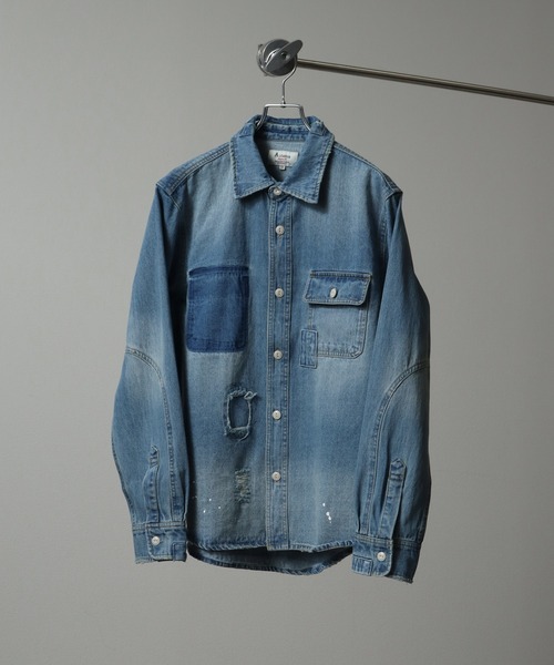 シャツ 10ozヘビーウェイトダメージリメイクデザインデニムシャツ