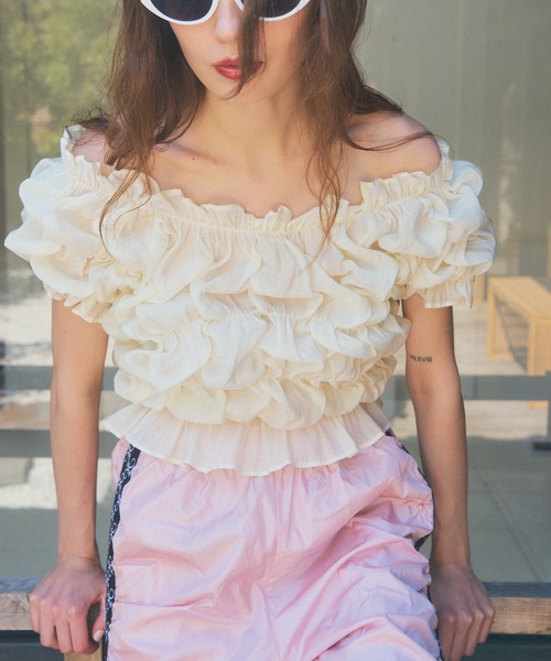 シャーリングオフショルトップス レディース VIOLETTA シャーリングオフショルトップス レディース