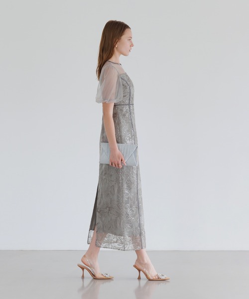 セール】【LEJA】アシンメトリーシアーフラワードレスワンピース