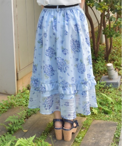 axes femme スカート 紫陽花柄シアーストライプスカート