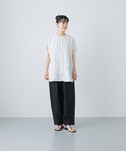 かぐれ ブラウス シャツ リネンフリルフレンチワイドシャツ