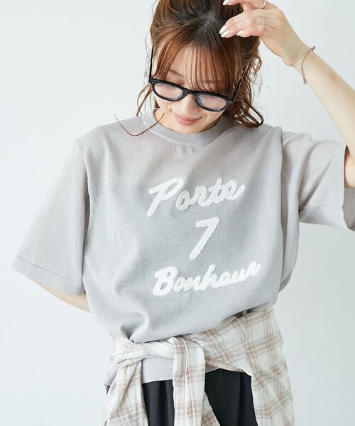 ニット セーター シアー刺繍ハーフスリーブニット レディース