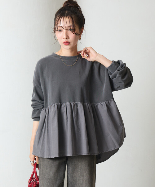 再入荷12月1日 （S~2L対応）（黒）ビッグフリルカラーの異素材合わせプルオーバートップス wkg00417 cawaii レディース ファッション 他にはない フリルカラー ブラック クルーネック フェミニン 秋服 春服 ミセス 30代 40代 50代 FREAK'S STORE（フリークスストア） tシャツ 限定展開 ピグメント 加工