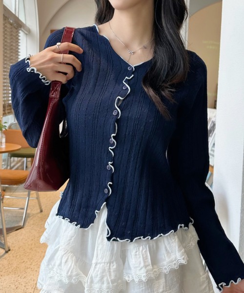 Ada. カーディガン 配色 メロウフリル カーディガン レディース