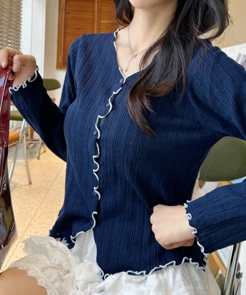 Ada. カーディガン 配色 メロウフリル カーディガン レディース