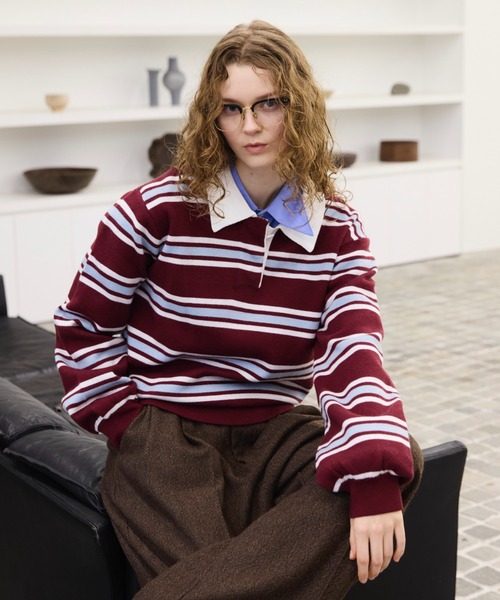 soerte ポロシャツ Multi Stripe jacquard Knit polo/マルチストライプ