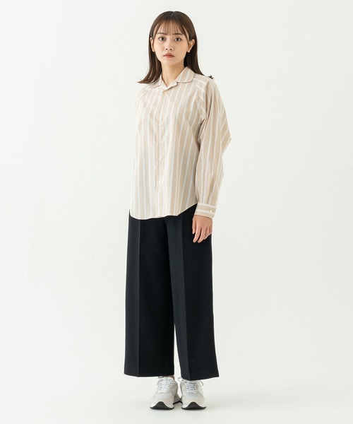 DE LUXE ベージュ ショートスリーブシャツ リラックスラグランスリーブシャツ＜ベージュストライプ＞(XS