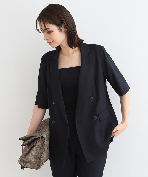 【美品】INDIVI 洗える 接触冷感 UVケア 麻調テーラードカラージャケット セール】【洗える／UVケア／接触冷感／SETUP可能】麻調