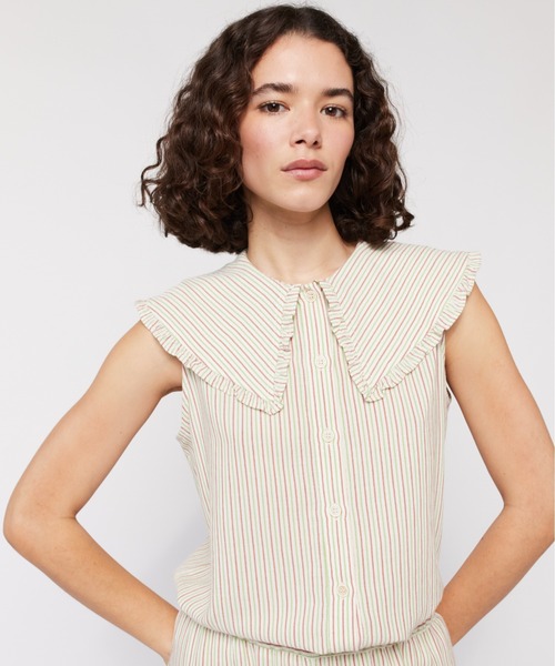 ブラウス シャツ Striped oversized collar sleeveless shirt レディース