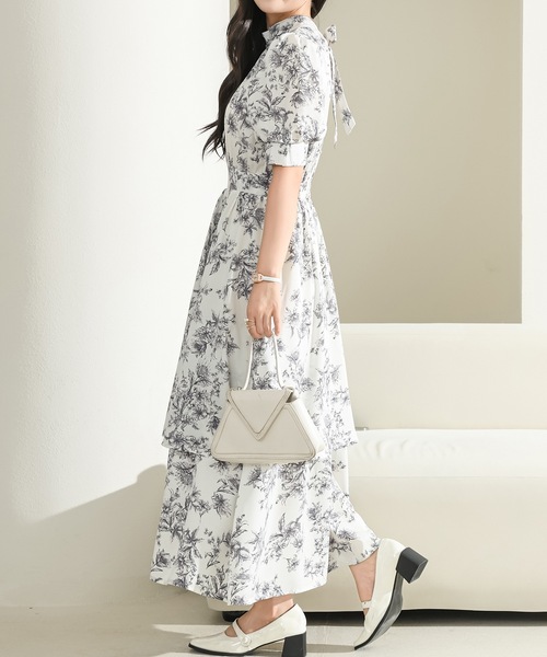 Lace Ladies ワンピース ボタニカル柄 ティアード フリル プチ