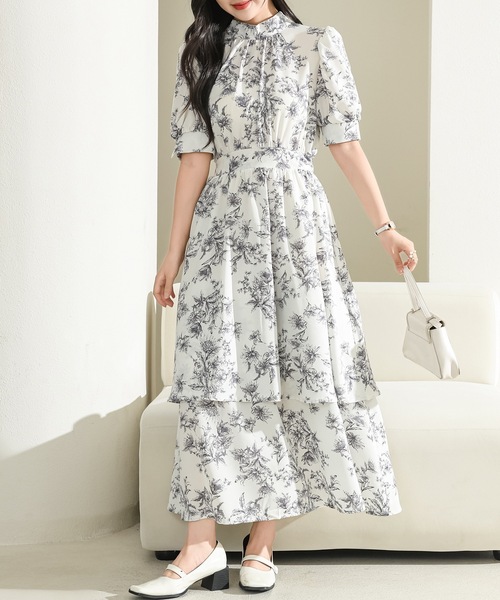 Lace Ladies ワンピース ボタニカル柄 ティアード フリル プチ