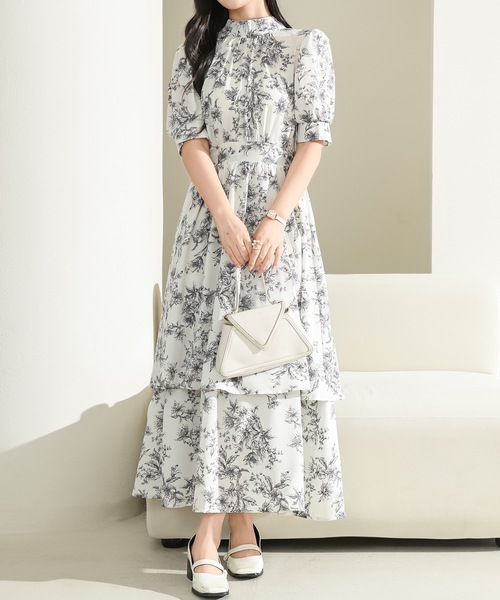 ボタニカル柄 ティアード デザイン ワンピース ボリューム袖 ♪ Lace Ladies ワンピース ボタニカル柄 ティアード フリル プチ