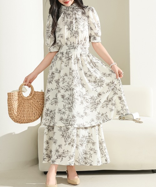 Lace Ladies ワンピース ボタニカル柄 ティアード フリル プチ