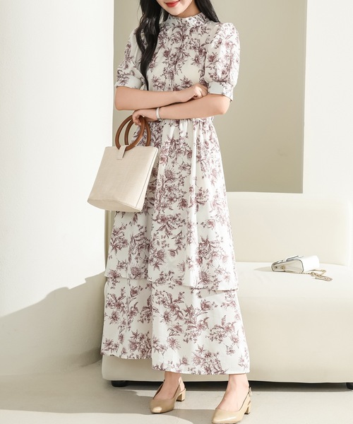 Lace Ladies ワンピース ボタニカル柄 ティアード フリル プチ