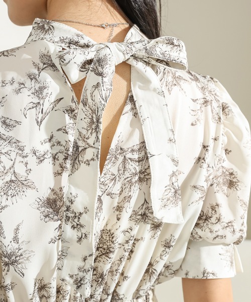 FIFILLES♡シアーワンピース(F)♡ボタニカル♡バレリーナネック♡女っぽ♡ mily bilet】可憐な大人の品格。ウエストシャーリングボウタイ花