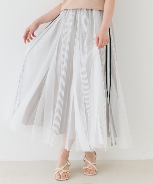 【美品】ホワイト ストライプスカート アンドクチュール AND COUTURE メッシュストライプロング