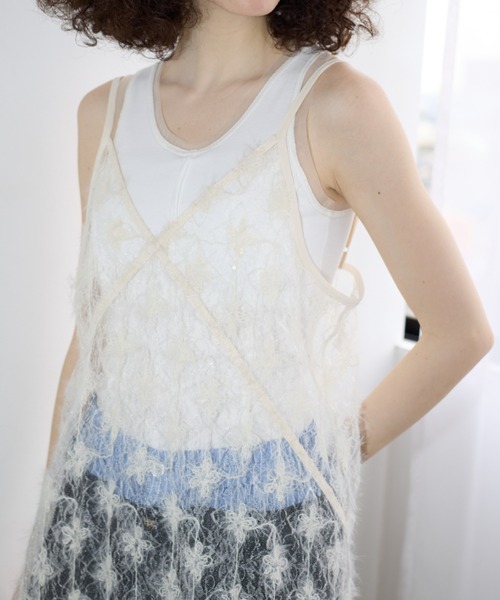 タンクトップ ノースリーブ リブチュールタンク レディース STYLEBLOCK タンクトップ ノースリーブ リブ×チュールトリミング