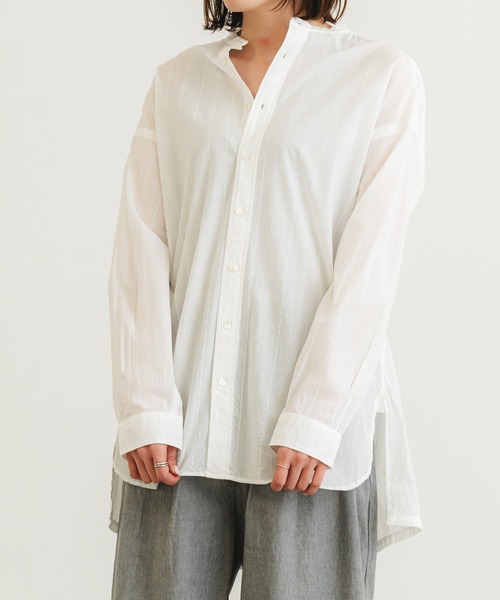 ブラウス シャツ 80ローンホワイトワッフルロングシャツ レディース