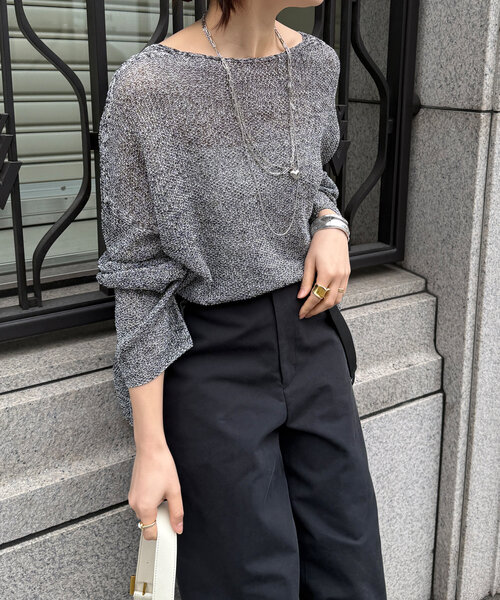美品　ヨシエイナバ　手編み　鹿子網　サマーニット　ダークネイビー　ボートネック trim_fce_item66af26a5633a1.jpg