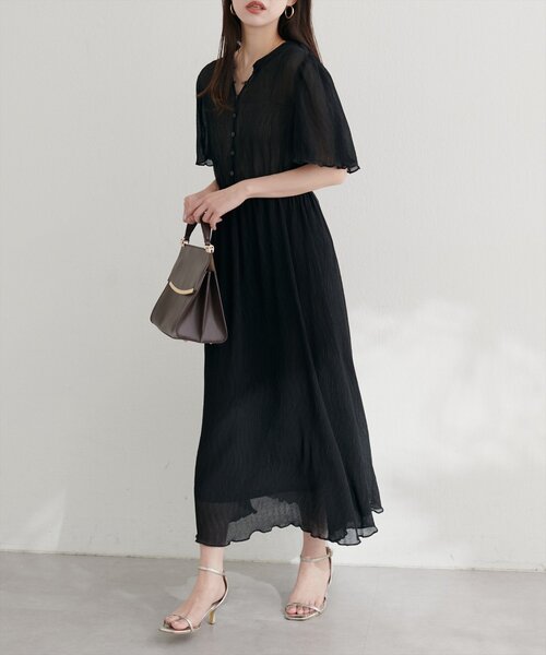 natural couture ワンピース 総プリーツフレア袖ワンピース