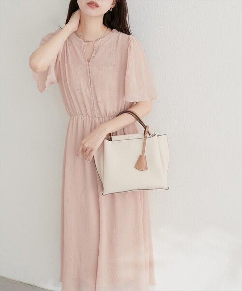 natural couture ワンピース 総プリーツフレア袖ワンピース