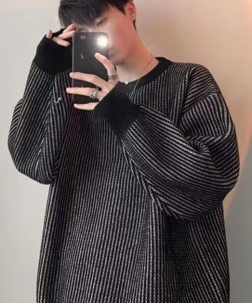 セーター ニット クルーネックストライプデザインニット メンズ